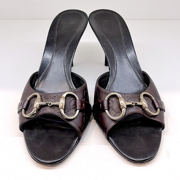 N-11. Gucci Horsebit Open Toe Slides Sandals Heels Dark Brown 8.5B - Picture 5 of 10